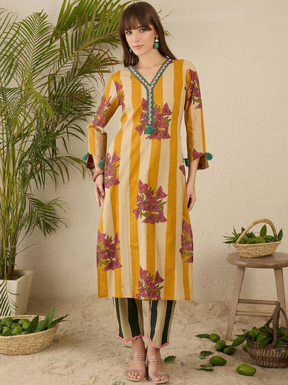 Dhiyona IE Women Tribal Striped Regular Pure Cotton Kurtas & Trousers With Dupatta