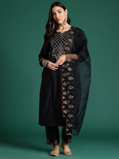 Dhiyona IE Ethnic Motifs Embroidered Zari Liva Kurta with Trousers & With Dupatta