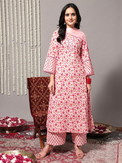 Dhiyona VA Women'sJaipuri Floral Cotton Flared Sleeve Lace Detailed Kurta with Trouser & Dupatta