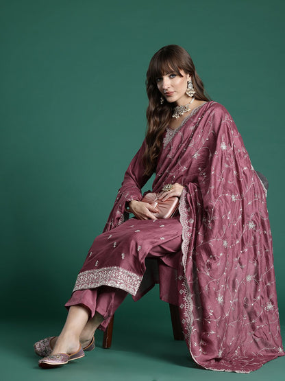 Floral Embroidered Thread Work Kurta with Trousers & With Dupatta