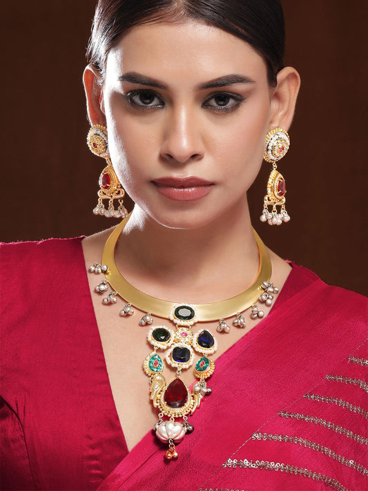 Dhiyona RJ Women's 22K Gold-Plated Ruby,Emerald & Blue Stone Studded Choker Set with Gold-Silver Beads