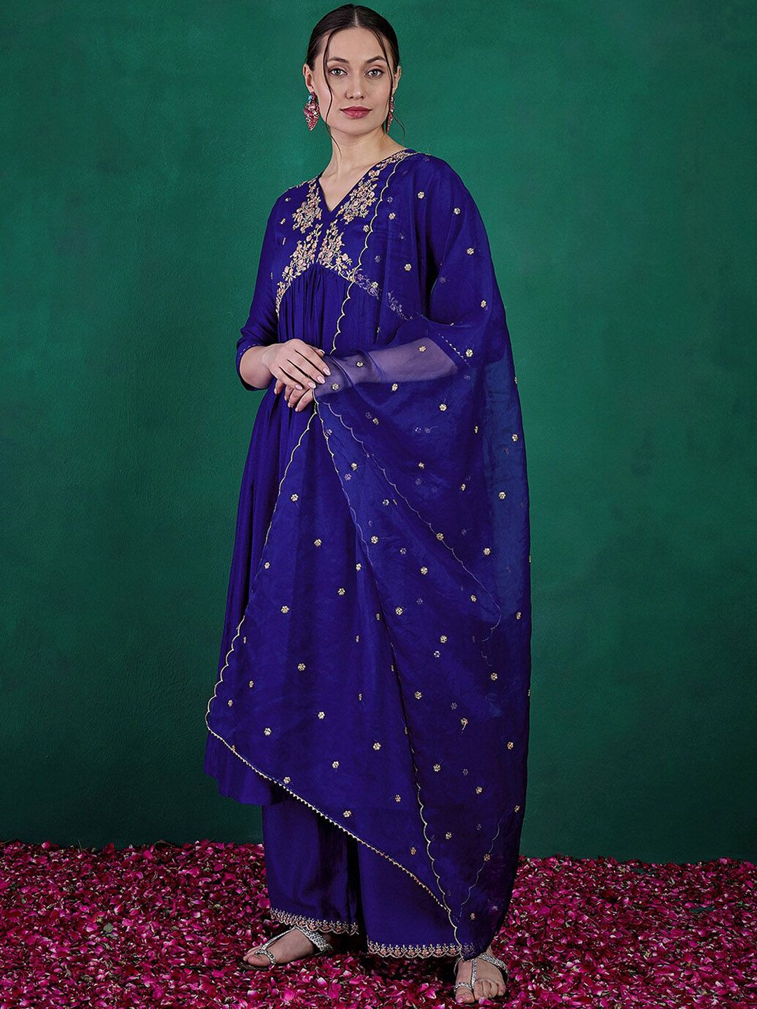 Dhiyona SN Women's Blue Floral Embroidered Sequinned V-Neck A-Line Kurta With Palazzo & Dupatta