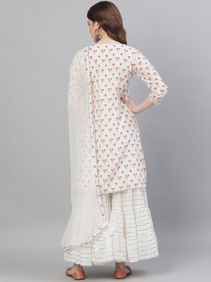 Dhiyona IS Women's Women White Printed Kurta with Sharara & Dupatta