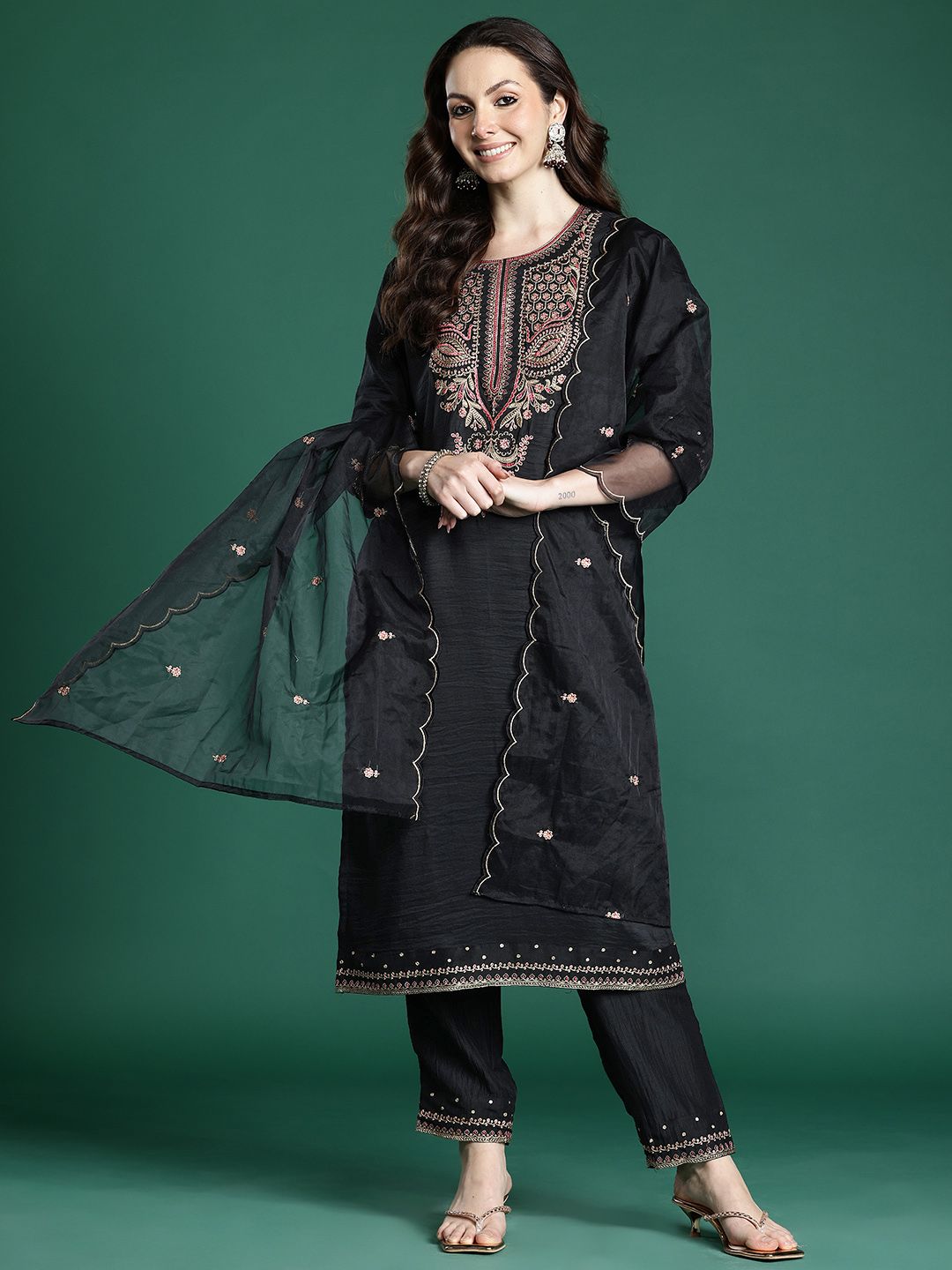 Ethnic Motifs Embroidered Pure Cotton Kurta with Trousers & Dupatta
