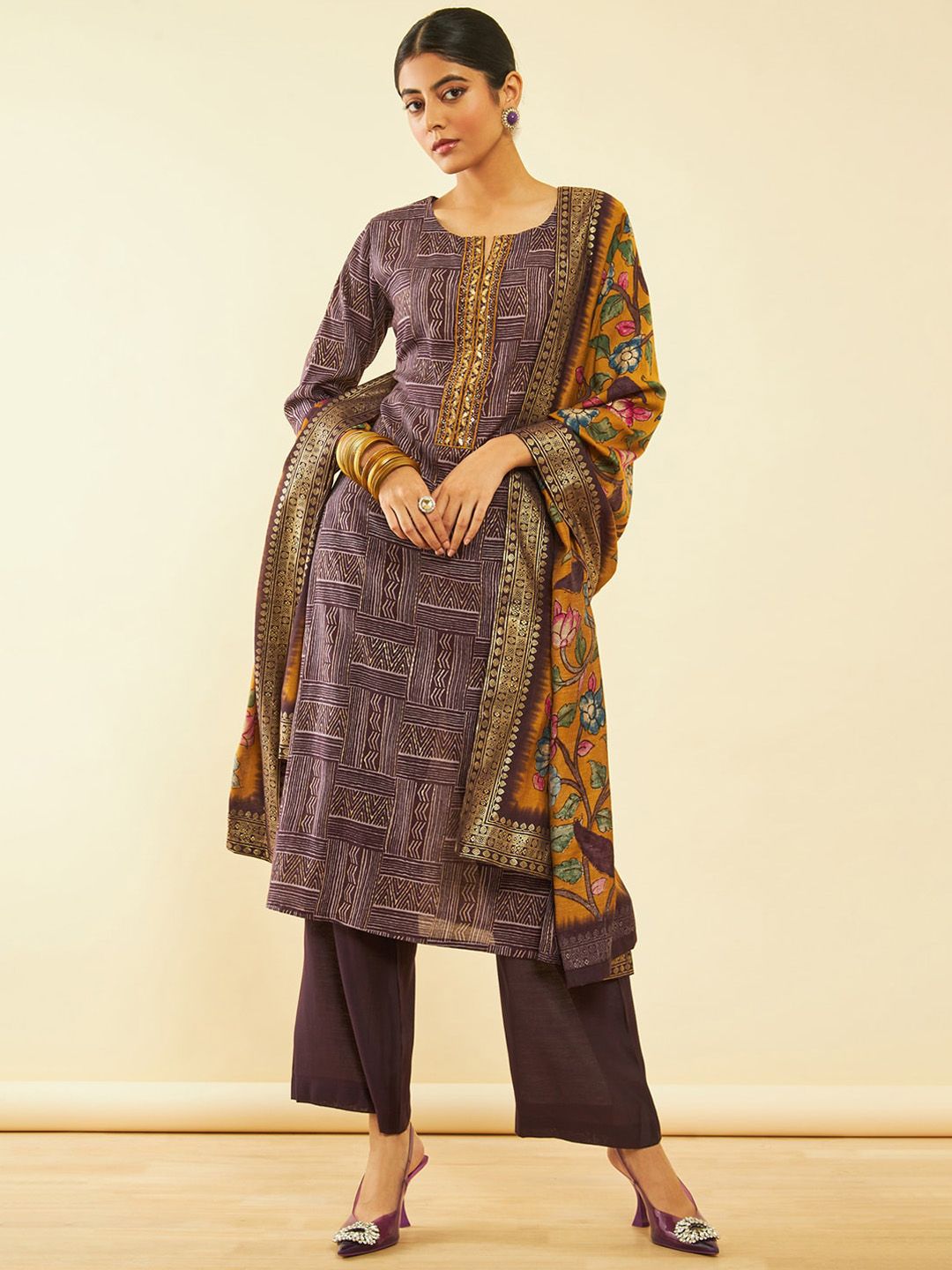 Dhiyona SO Women's Purple Geometric Printed Straight Kurta & Palazzos With Dupatta