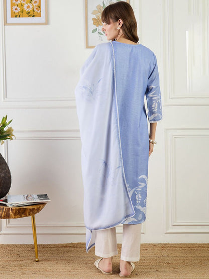 Women Floral Printed Linen Kurta with Trousers & Dupatta