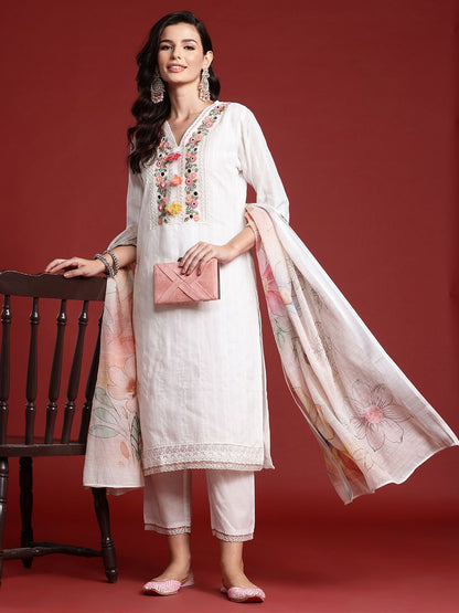 Floral Embroidered & Embellished Pure Cotton Kurta with Trousers & Dupatta