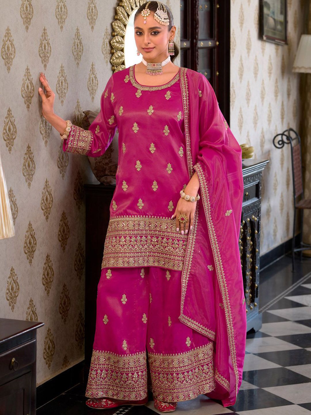 Women Ethnic Motifs Embroidered Mirror Work Kurta with Palazzos & With Dupatta