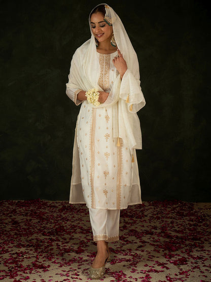 Dhiyona IE Women Ethnic Motifs Embroidered Regular Sequinned Kurta with Trousers & With Dupatta
