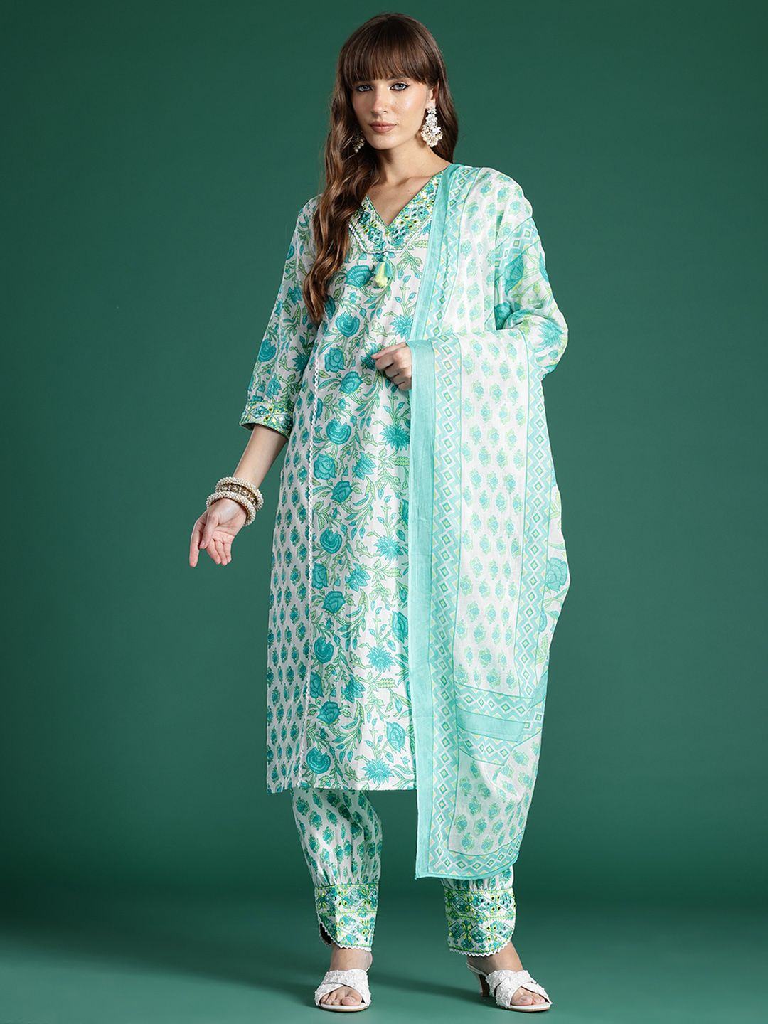Women Floral Printed Mirror Work Pure Cotton Kurta with Trousers & Dupatta