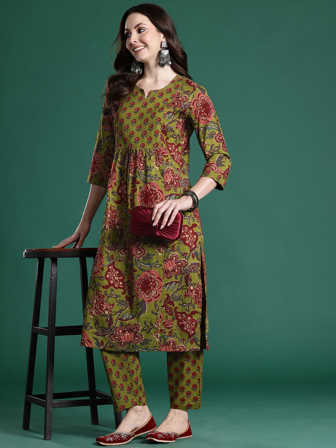 Dhiyona IE Floral Printed Pleated Sequinned Pure Cotton Kurta with Trousers