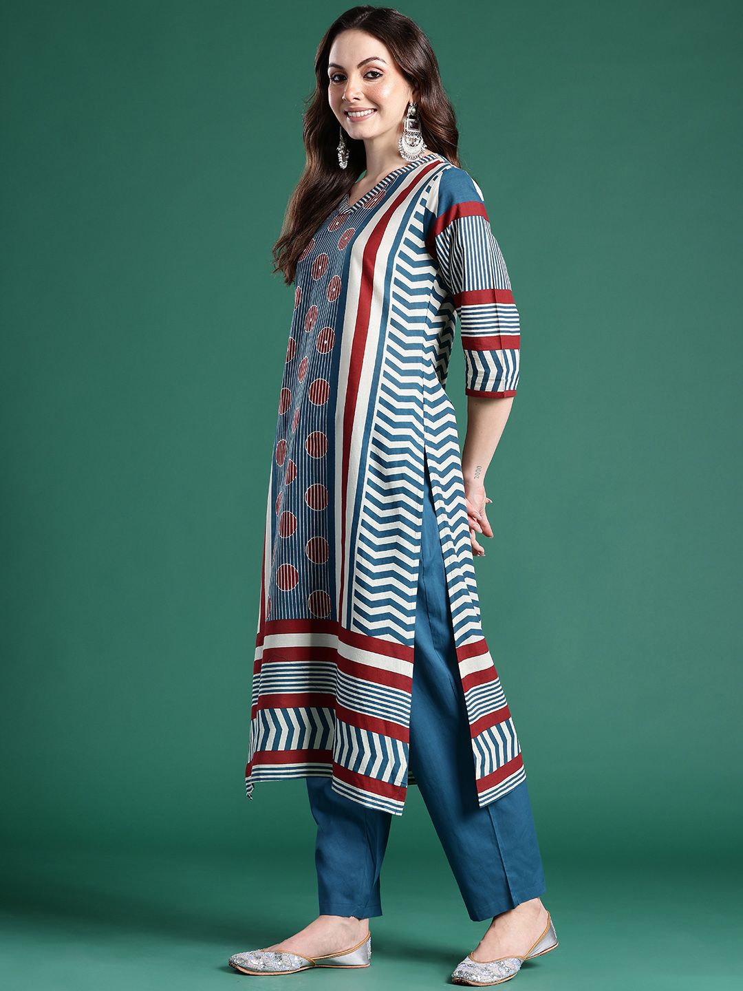 Striped Pure Cotton Kurta With Trousers & Dupatta