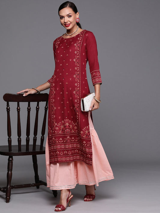 Dhiyona IE Women Maroon Ethnic Motifs Foil Print Round Neck Regular Sleeves Straight Kurta