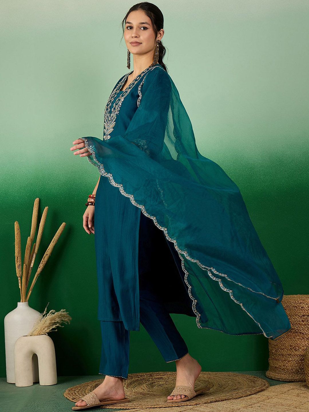 Dhiyona SN Women's Teal Green Floral Embroidered V-Neck Straight Kurta With Trouser & Dupatta