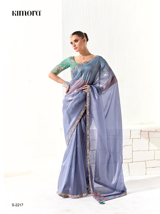 Dhiyona KM Women Premium Blue Organza Saree With Embroidered Green Blouse