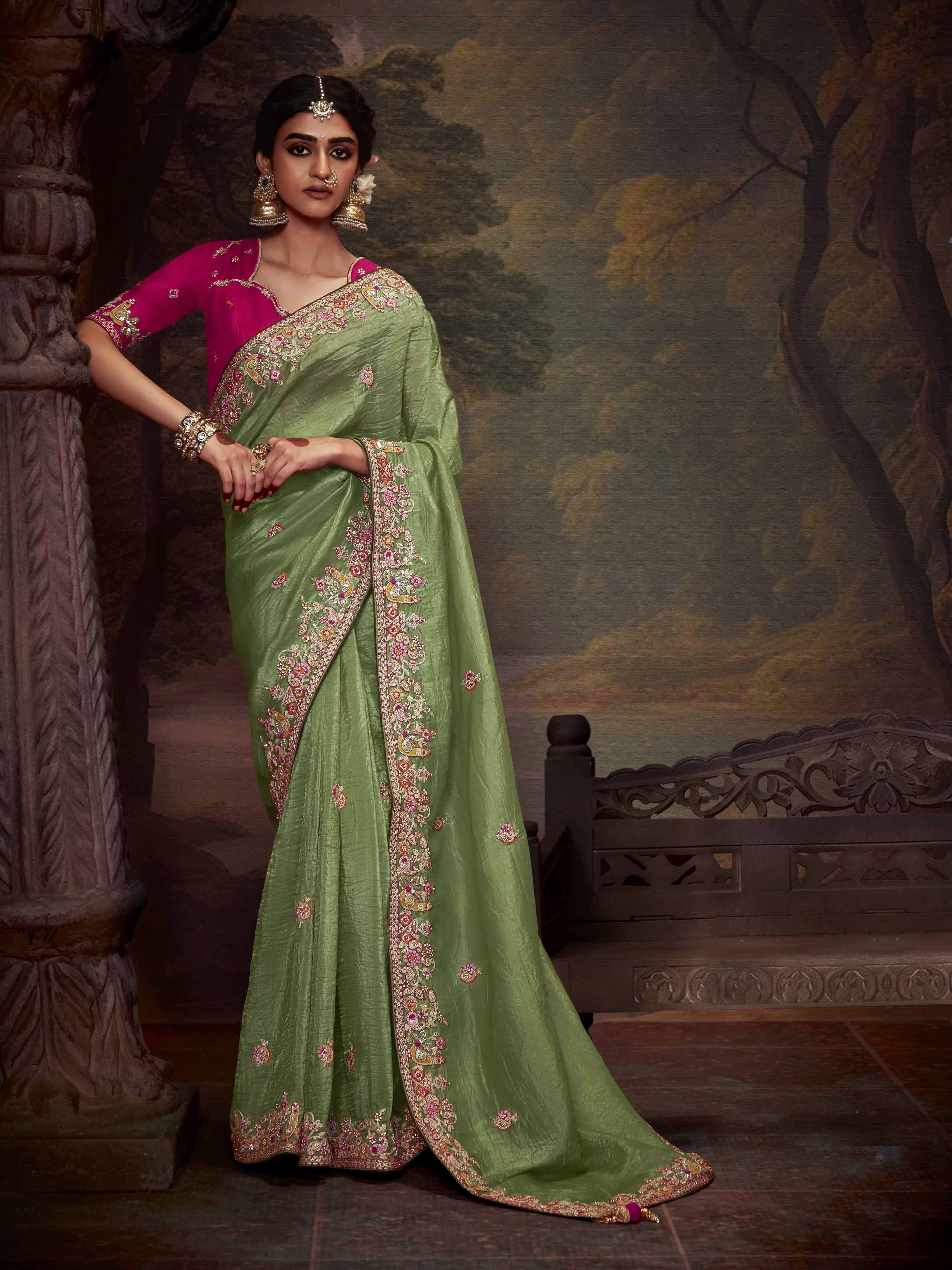 Dhiyona KM Women Sage Green Crushed Silk Saree With Royal Pink Embroidered Blouse