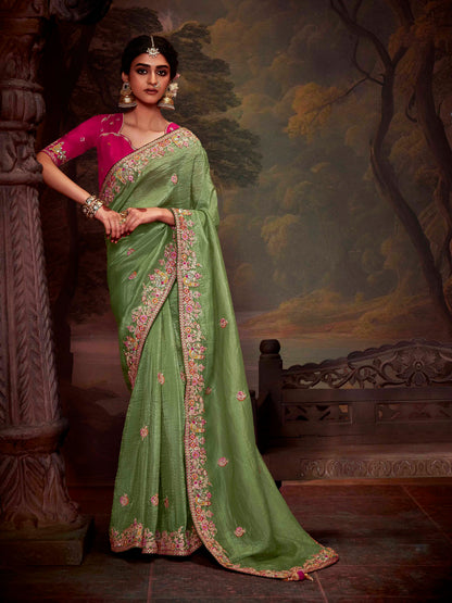 Dhiyona KM Women Sage Green Crushed Silk Saree With Royal Pink Embroidered Blouse