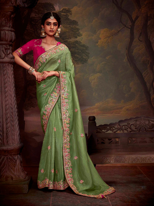 Dhiyona KM Women Sage Green Crushed Silk Saree With Royal Pink Embroidered Blouse