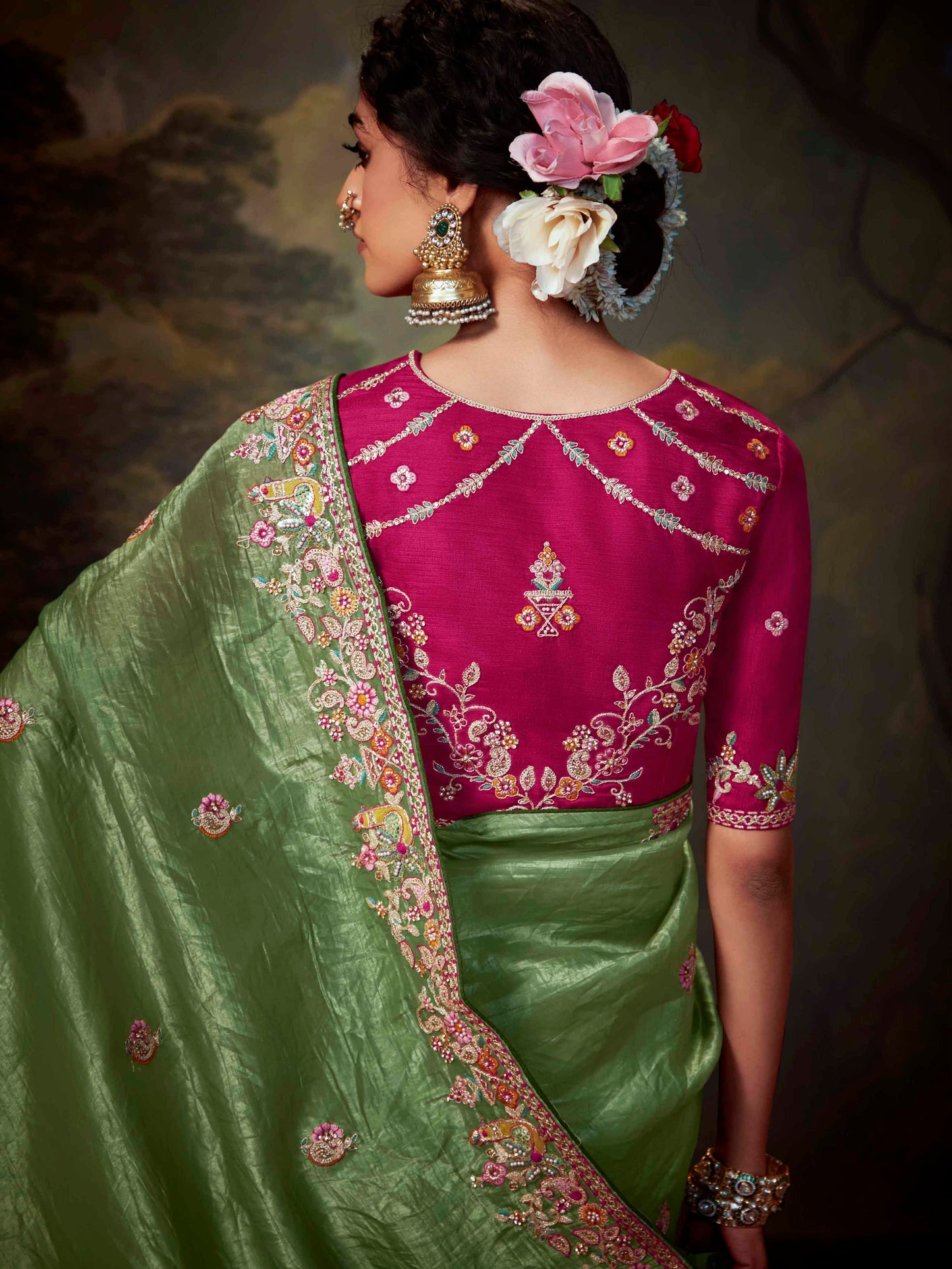 Dhiyona KM Women Sage Green Crushed Silk Saree With Royal Pink Embroidered Blouse