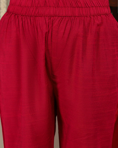 Dhiyona VR Women's Magenta Embroidered Kurta Paired With Straight Trouser And Digital Floral Printed Dupatta