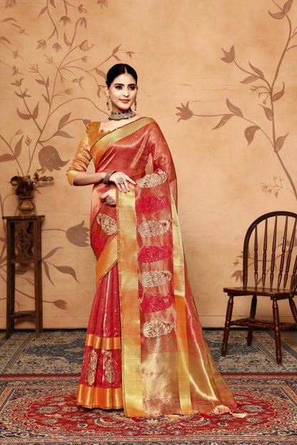 Dhiyona GR Women's Keri Red Tissue Cotton Silk Saree