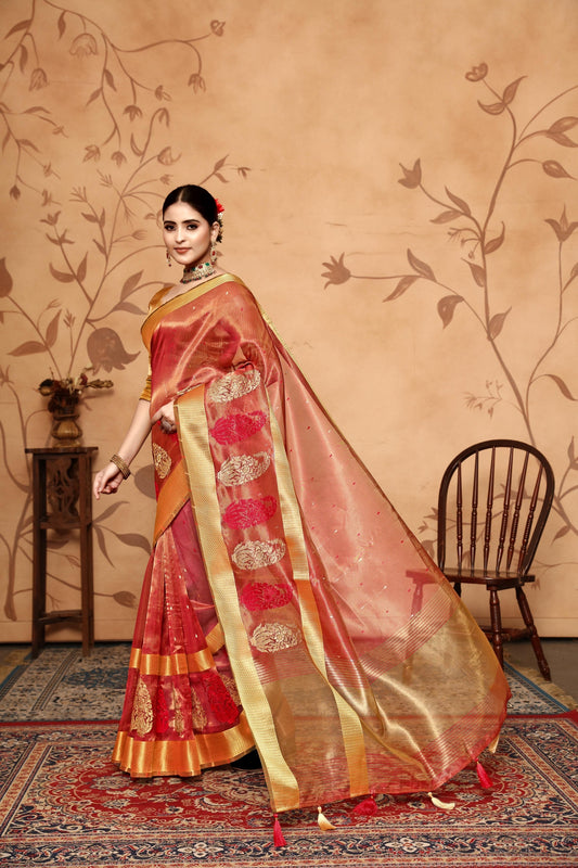 Dhiyona GR Women's Keri Red Tissue Cotton Silk Saree