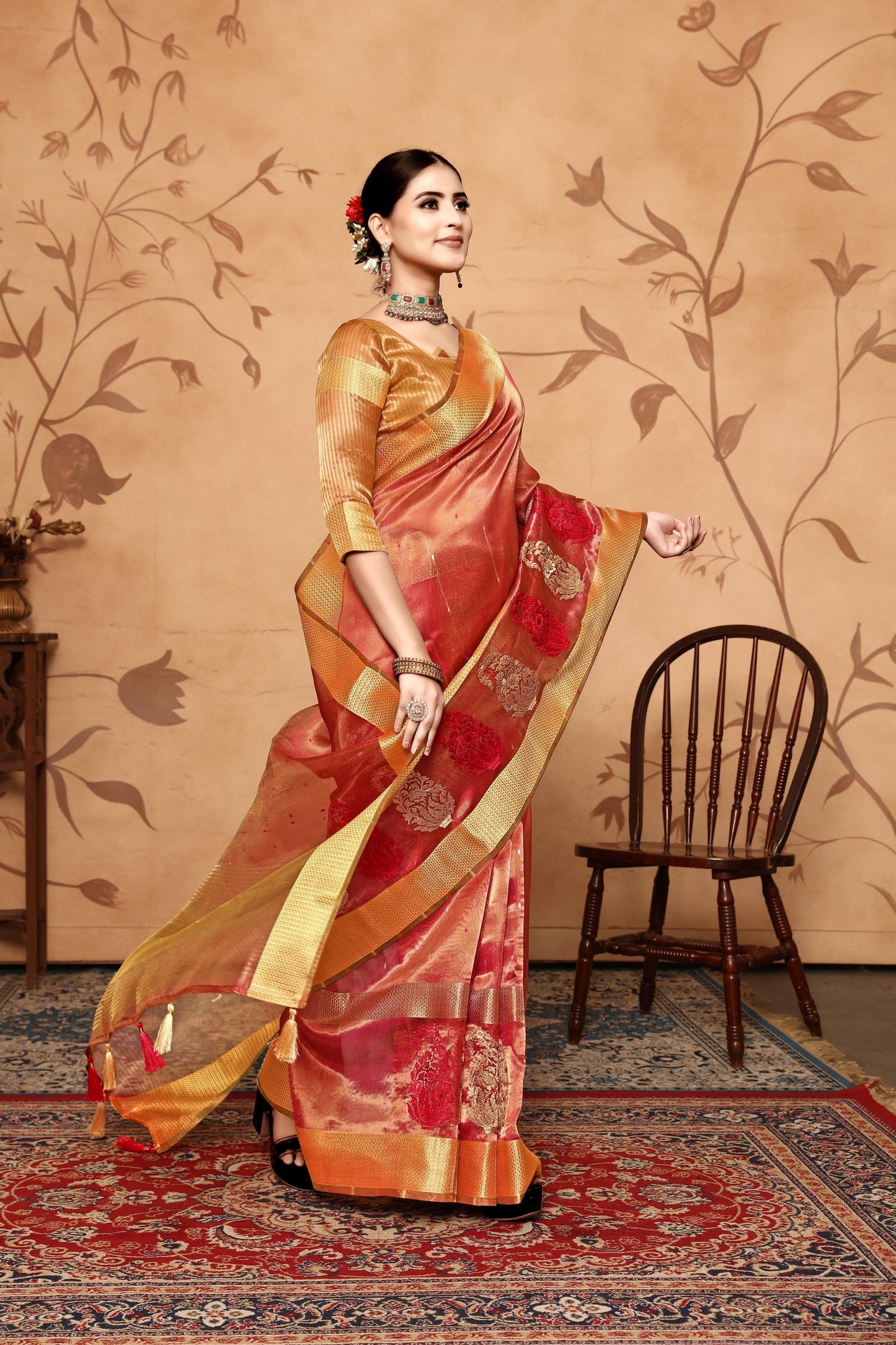 Dhiyona GR Women's Keri Red Tissue Cotton Silk Saree