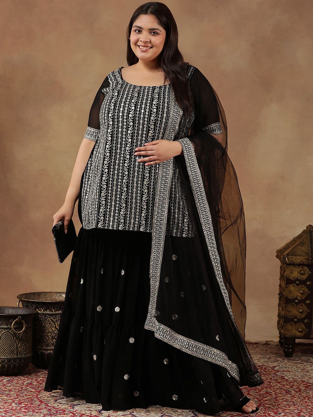 Dhiyona IN Size Floral Embroidered Thread Work Straight Kurta With Sharara & Dupatta