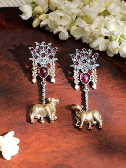 Dhiyona RJ Women's Dual-Tone Oxidised Lotus Motif Drop Earrings with Pink Stone and Gold Cow Charm