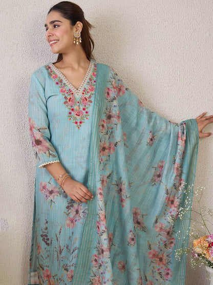 Dhiyona IE Women Floral Embroidered Linen Kurta with Trousers & Dupatta