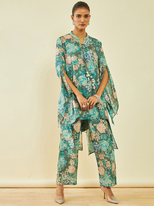 Dhiyona SO Women's Teal Floral Printed Regular Thread Work Kurta with Trousers