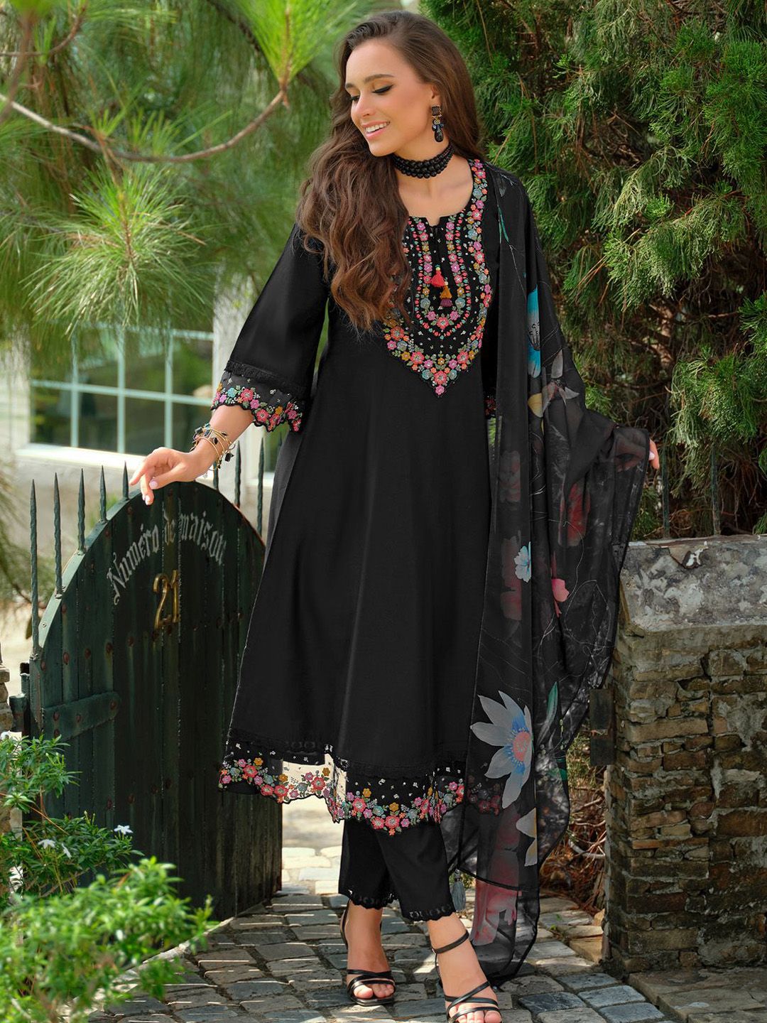 Floral Embroidered Tieup Neck Liva A-Line Kurta With Trousers & Dupatta
