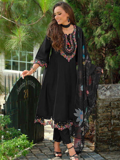 Floral Embroidered Tieup Neck Liva A-Line Kurta With Trousers & Dupatta