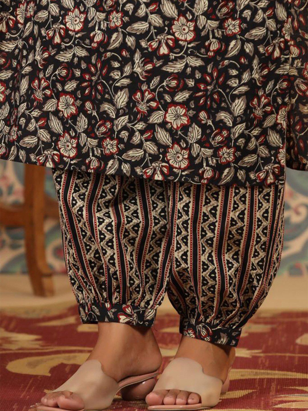 Dhiyona IS Women's Kalamkari Embellished Cotton Kurta with Afghani Pants & Flowy Mulmul Dupatta