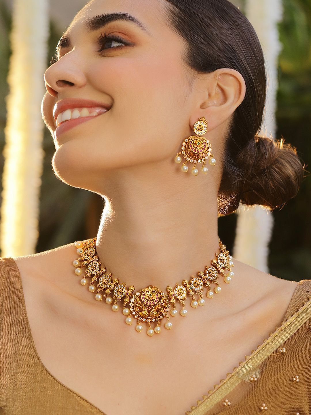 Dhiyona RJ Women's 22K Gold-Plated Ruby & White Zirconia Studded Pearl Beaded Temple Jewellery Set