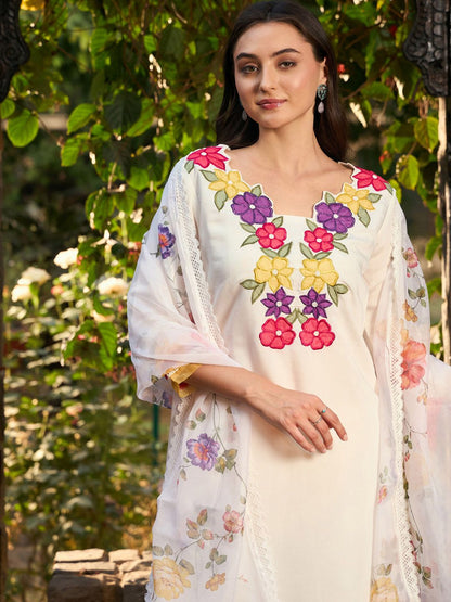 Floral Embroidered Patchwork Straight Kurta With Trousers & Dupatta