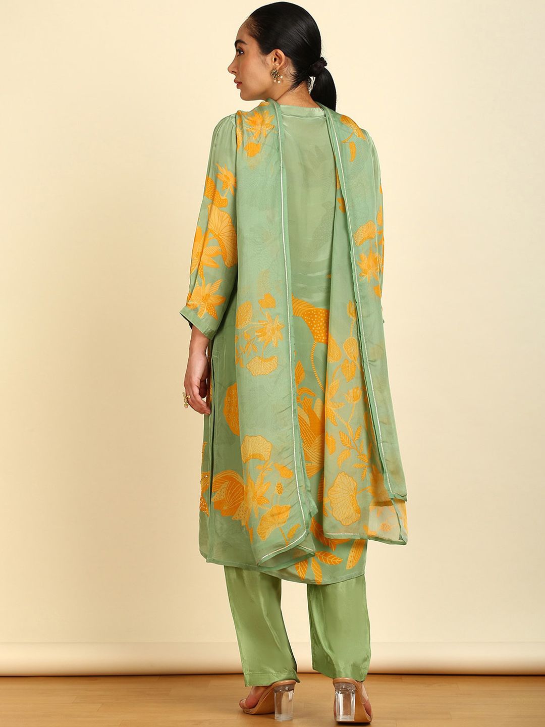 Dhiyona SO Women's Floral Printed Straight Sequinned Kurta With Palazzos & Dupatta