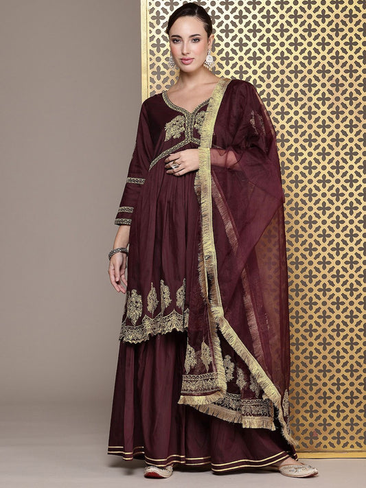 Dhiyona PD Women Ethnic Motifs Embroidered Jashn Kurta with Sharara & With Dupatta