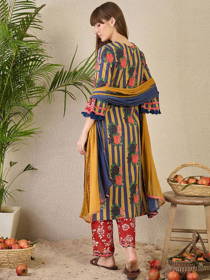 Adults-Women Floral Printed Cotton A-Line Kurta with Trousers & Dupatta