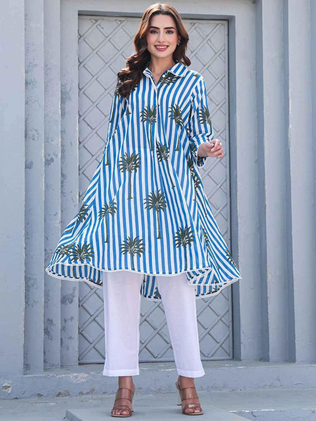 Floral Printed Shirt Collar Pure Cotton A-Line Kurta With Trousers