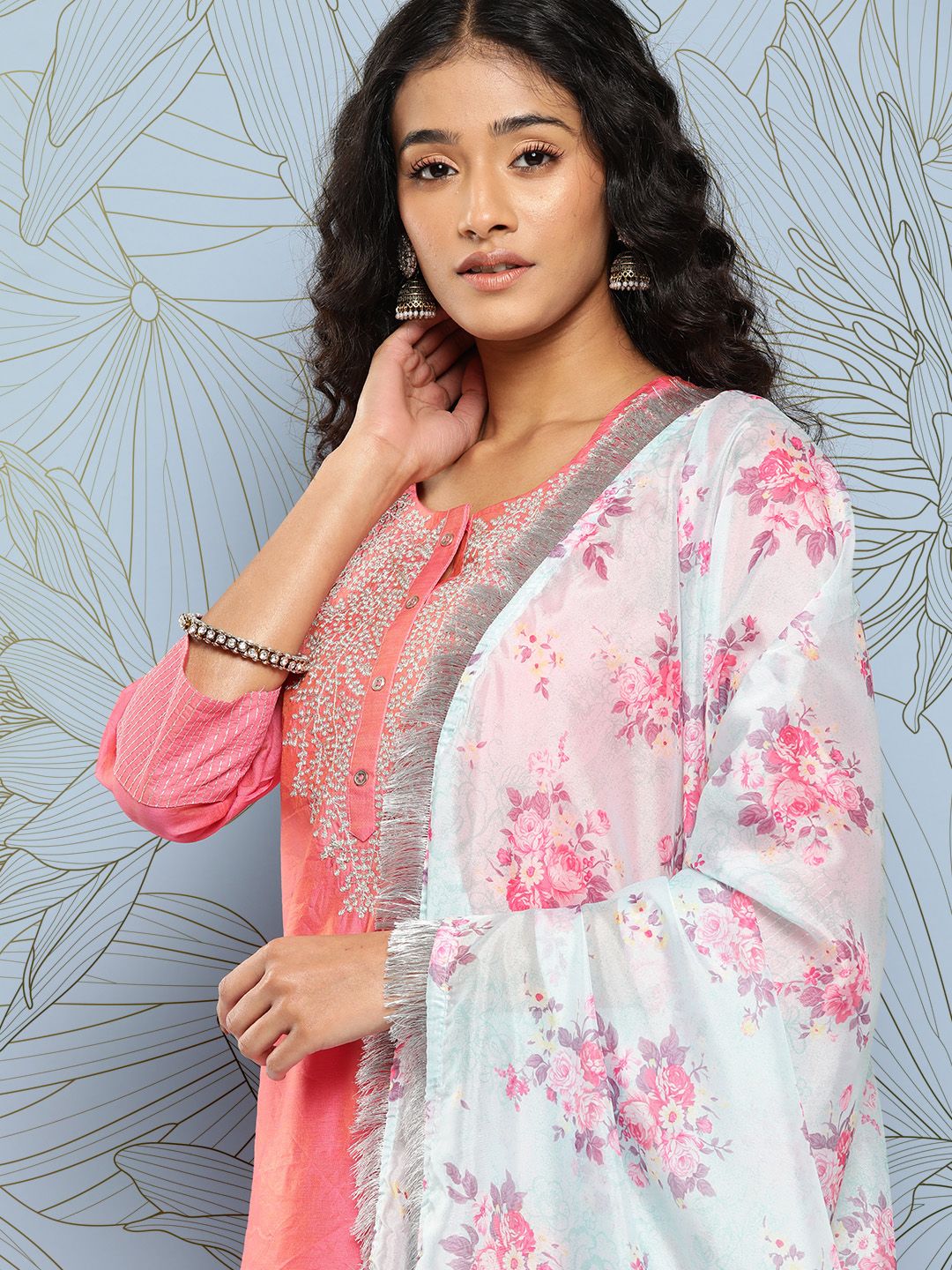 Dhiyona VA Women'sYoke Design Regular Sequinned Chanderi Silk Kurta with Trousers & With Dupatta