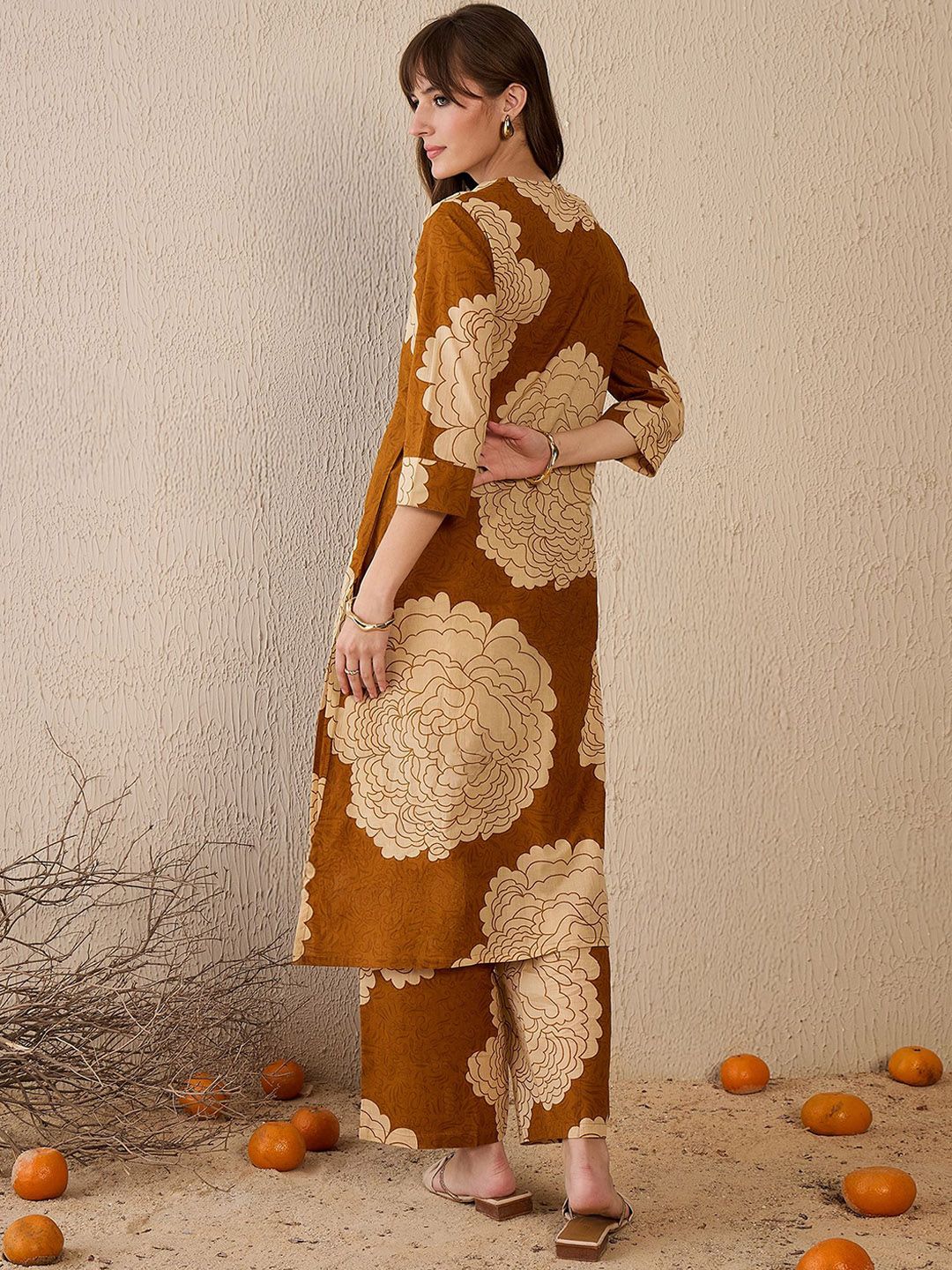 Dhiyona IE Floral Printed V-Neck Pure Cotton Tunic With Palazzo