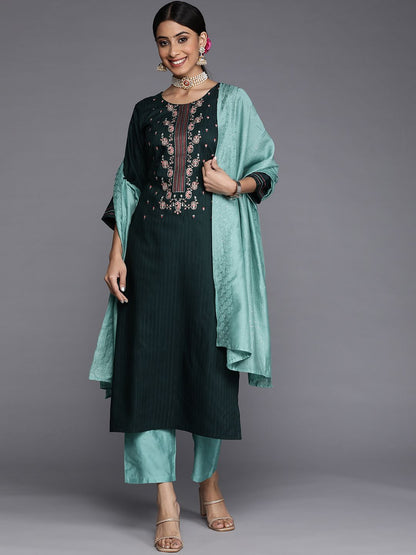 Dhiyona VA Women's Green Yoke Design Thread Work Dupion Silk Kurta with Trousers & Dupatta