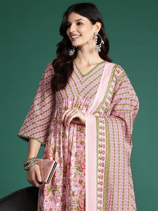 Dhiyona IE Floral Printed Empire Pure Cotton Kurta with Trousers & Dupatta