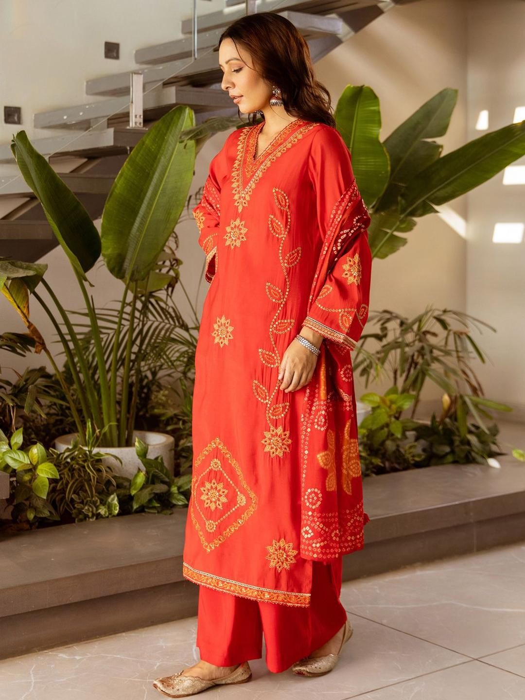 Bandhani Embroidered Straight Sequinned Kurta With Palazzos & Dupatta