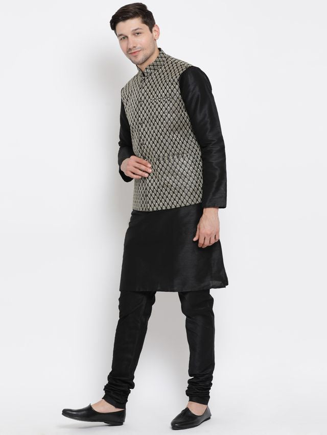 Men's Black Silk Blend Straight Jacket  Kurta and Pyjama Set