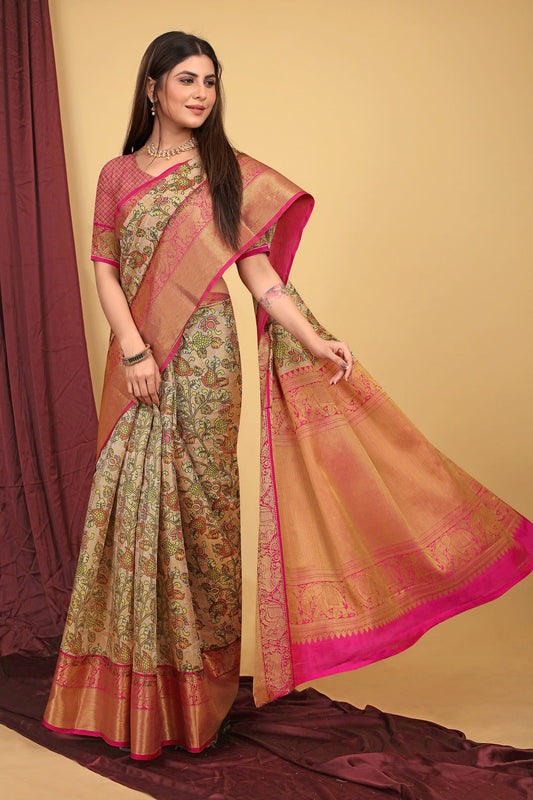 Dhiyona GR Women's Peach Kalamkari Silk Saree