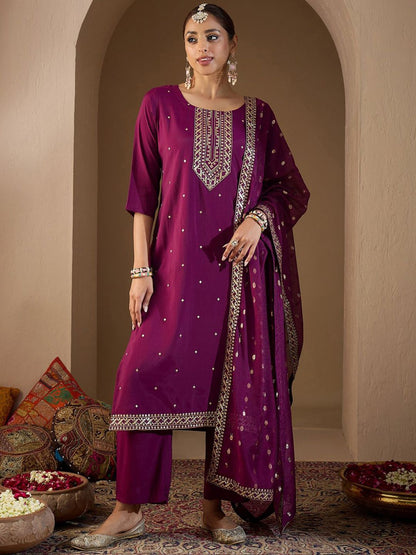 Dhiyona IE Women Ethnic Motifs Embroidered Regular Sequinned Kurta with Trousers & With Dupatta