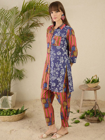 Dhiyona IE Floral Screen Printed Shirt Collar Pure Cotton Straight Kurta With Trousers