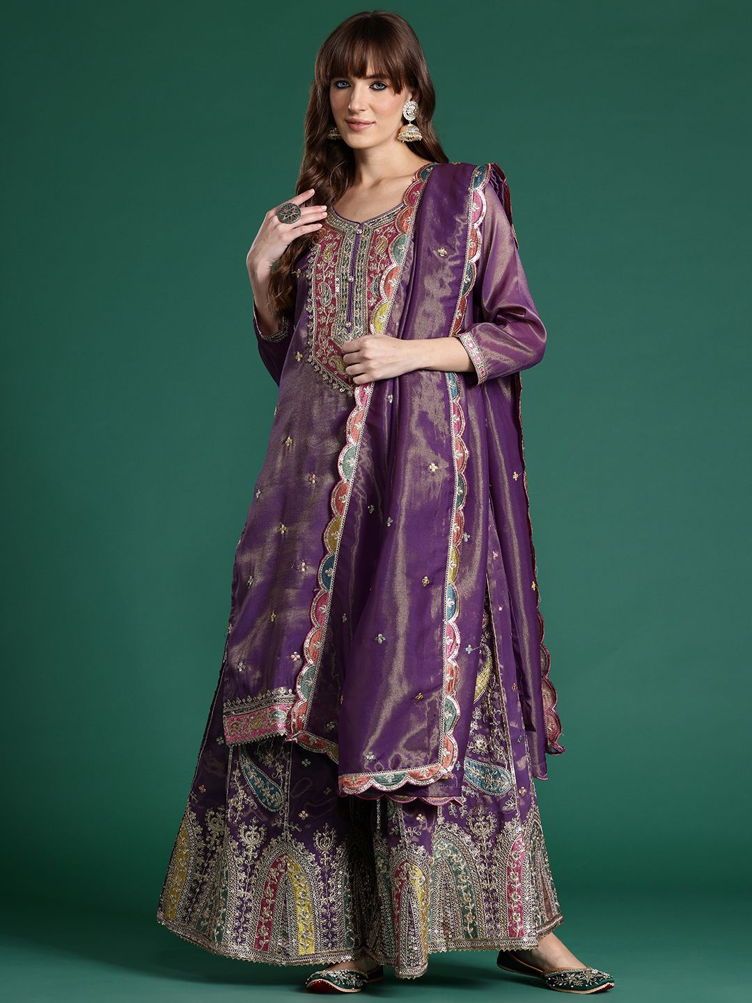 Ethnic Motifs Embroidered Sequinned Kurta with Palazzos & Dupatta